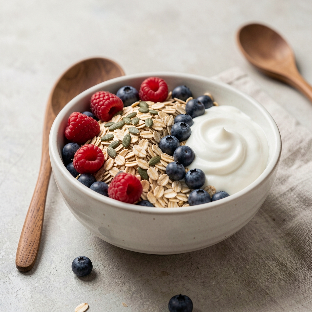 Fibre-rich breakfast bowl with oats, berries, seeds and natural yoghurt beside a wooden spoon