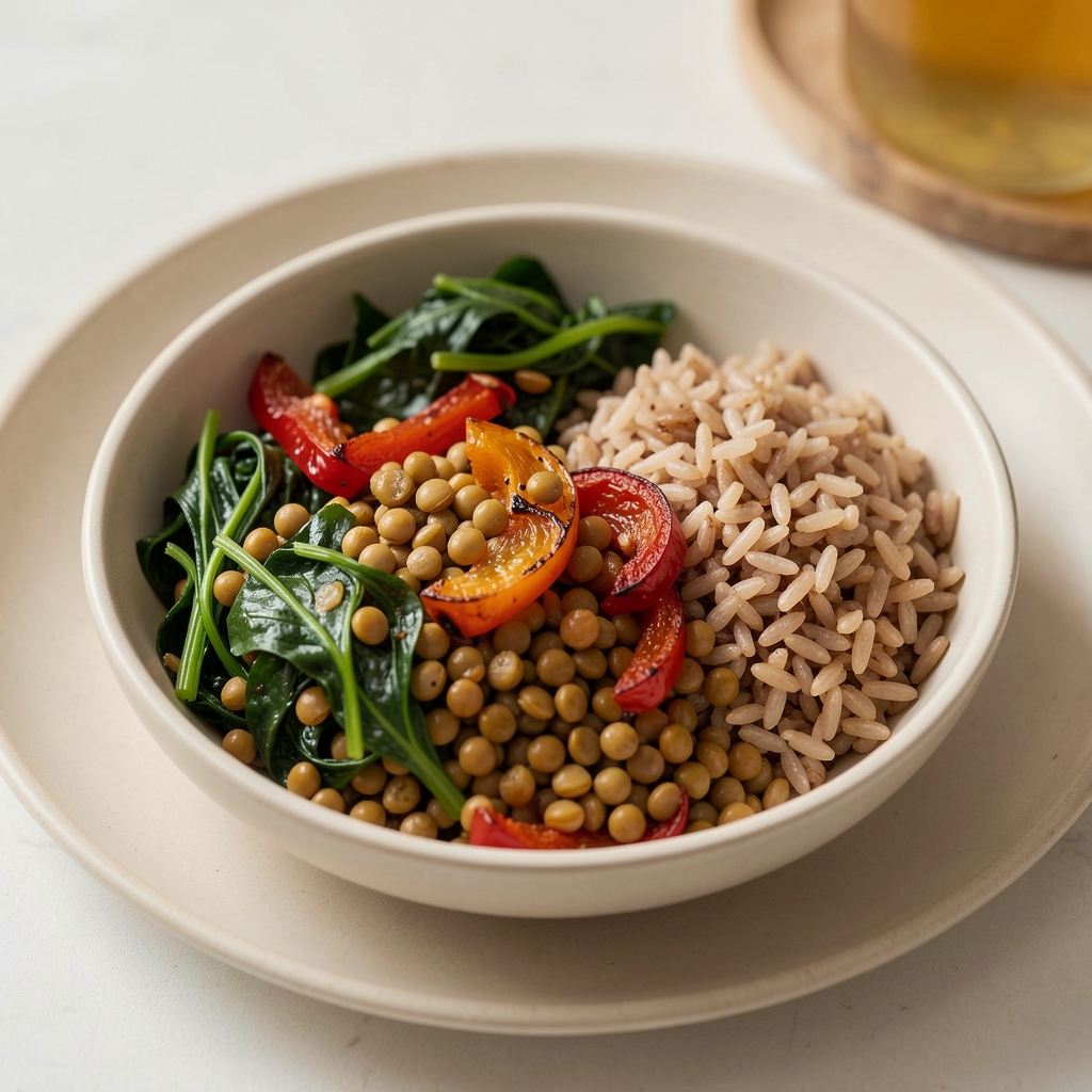 Balanced lunch bowl containing lentils, leafy greens, roasted peppers and brown rice on a pale ceramic plate