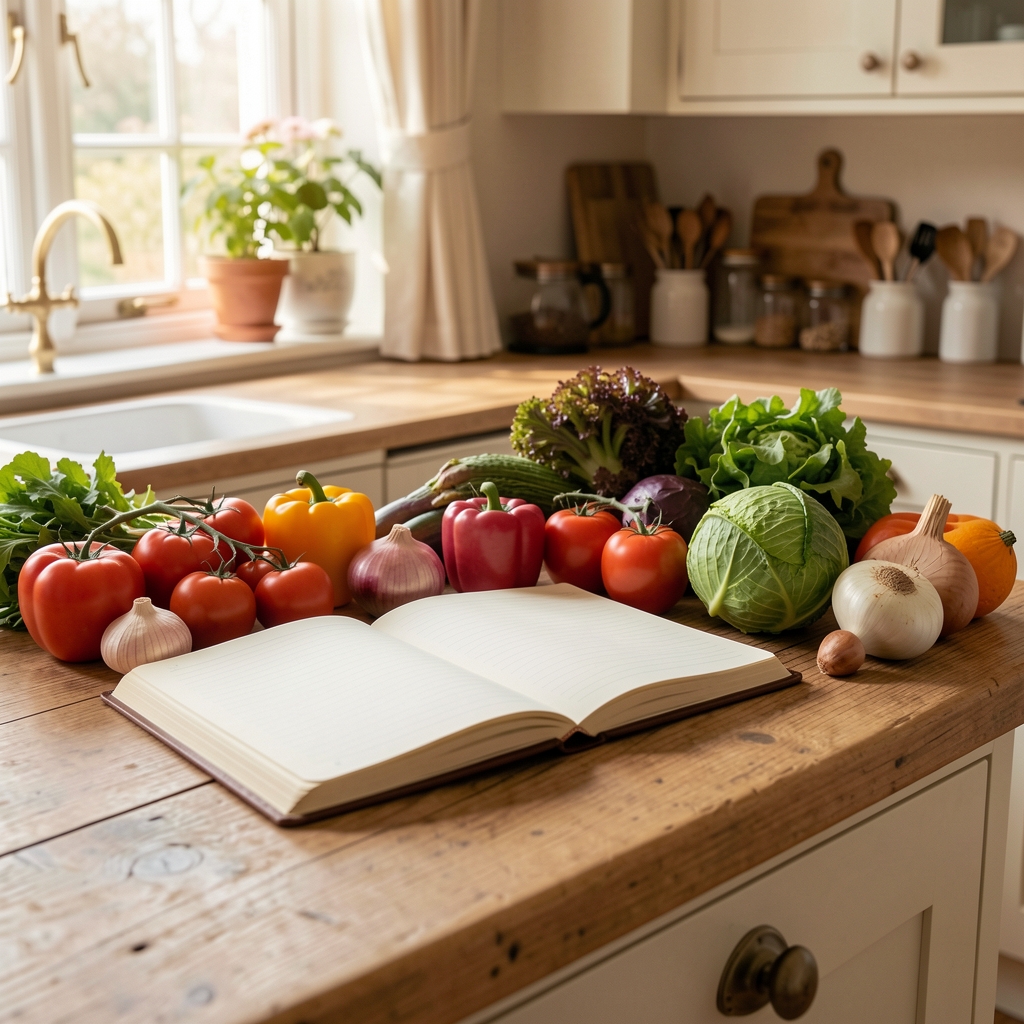 Open notebook and seasonal vegetables on a wooden kitchen worktop in a softly lit British home